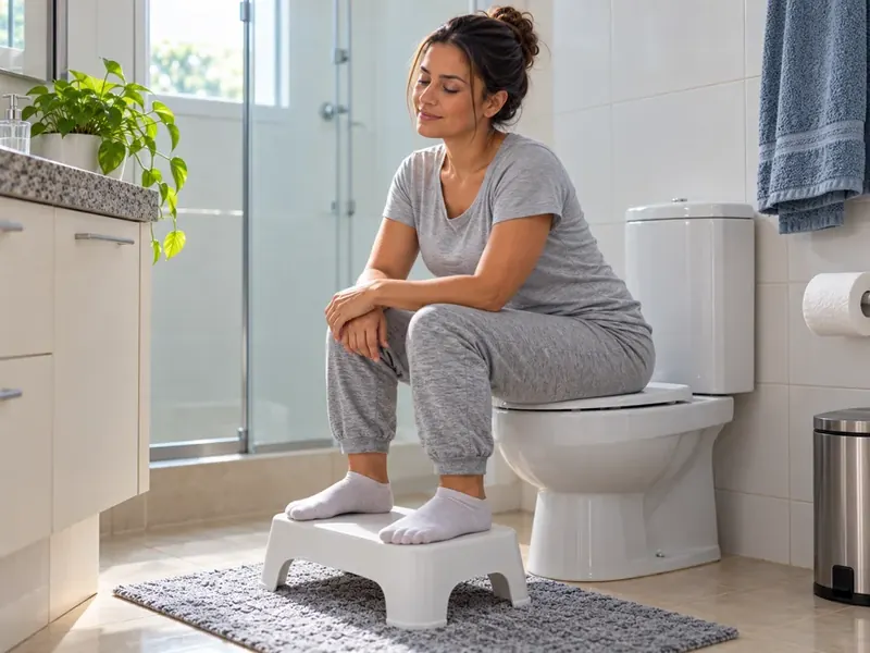 Mulher sentada com os pés apoiados no banquinho